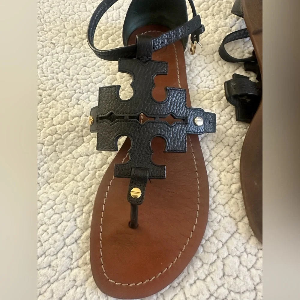 Tory Burch Black and Tan Leather Sandals - Picture 4 of 8